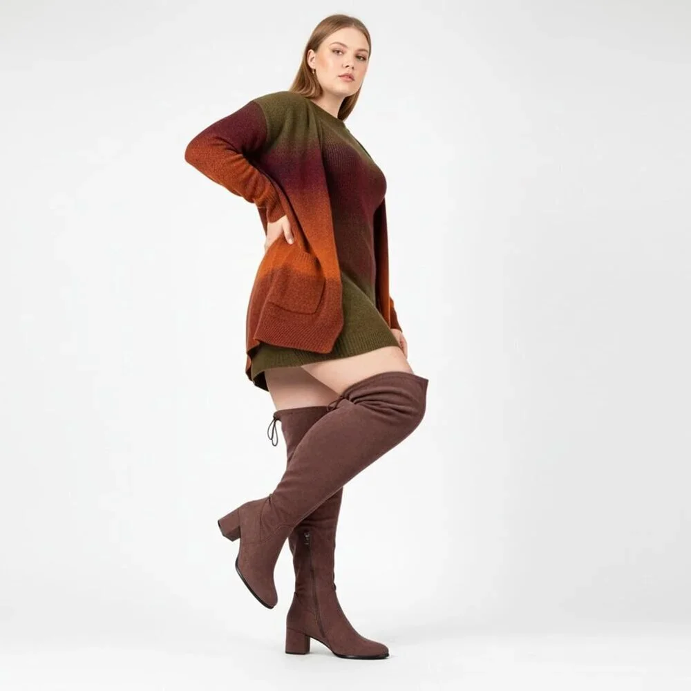 Women Coffee Faux Suede Chunky ​​Block Heel Round Toe Fall Side Zipper Boot